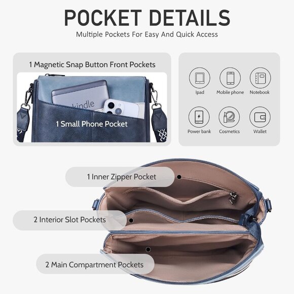 Leather Crossbody Bag for Women Soft Vegan PU Multiple Pockets Lightweight - Picture 3 of 6